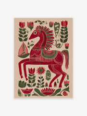 Red folk art horse print with intricate white and green patterns, surrounded by red and green botanical motifs