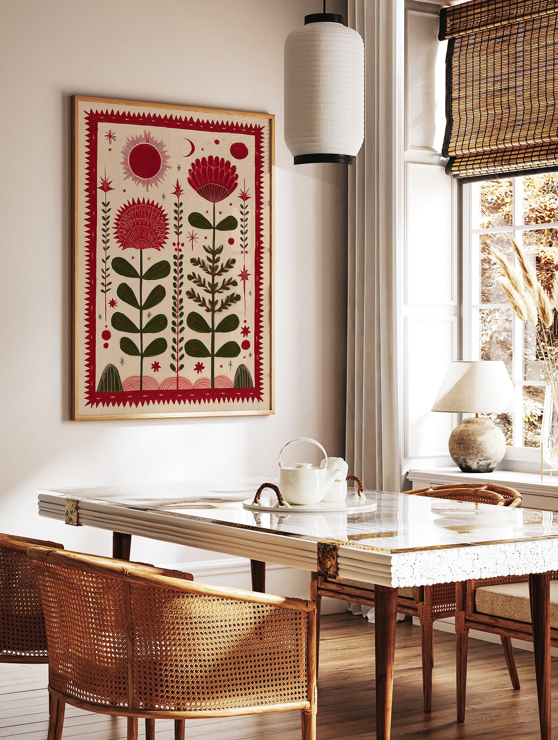 Red folk art botanical print with stylized flowers, sun, moon, and stars on a beige background. - Image 2