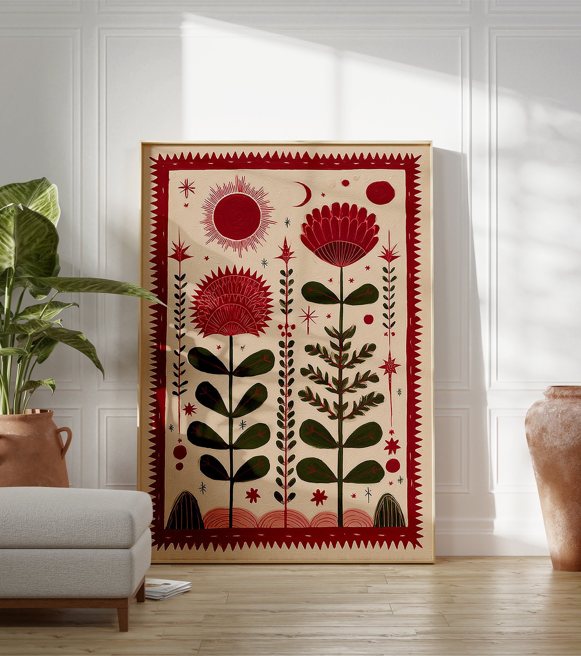 Red folk art botanical print with stylized flowers, sun, moon, and stars on a beige background. - Image 3