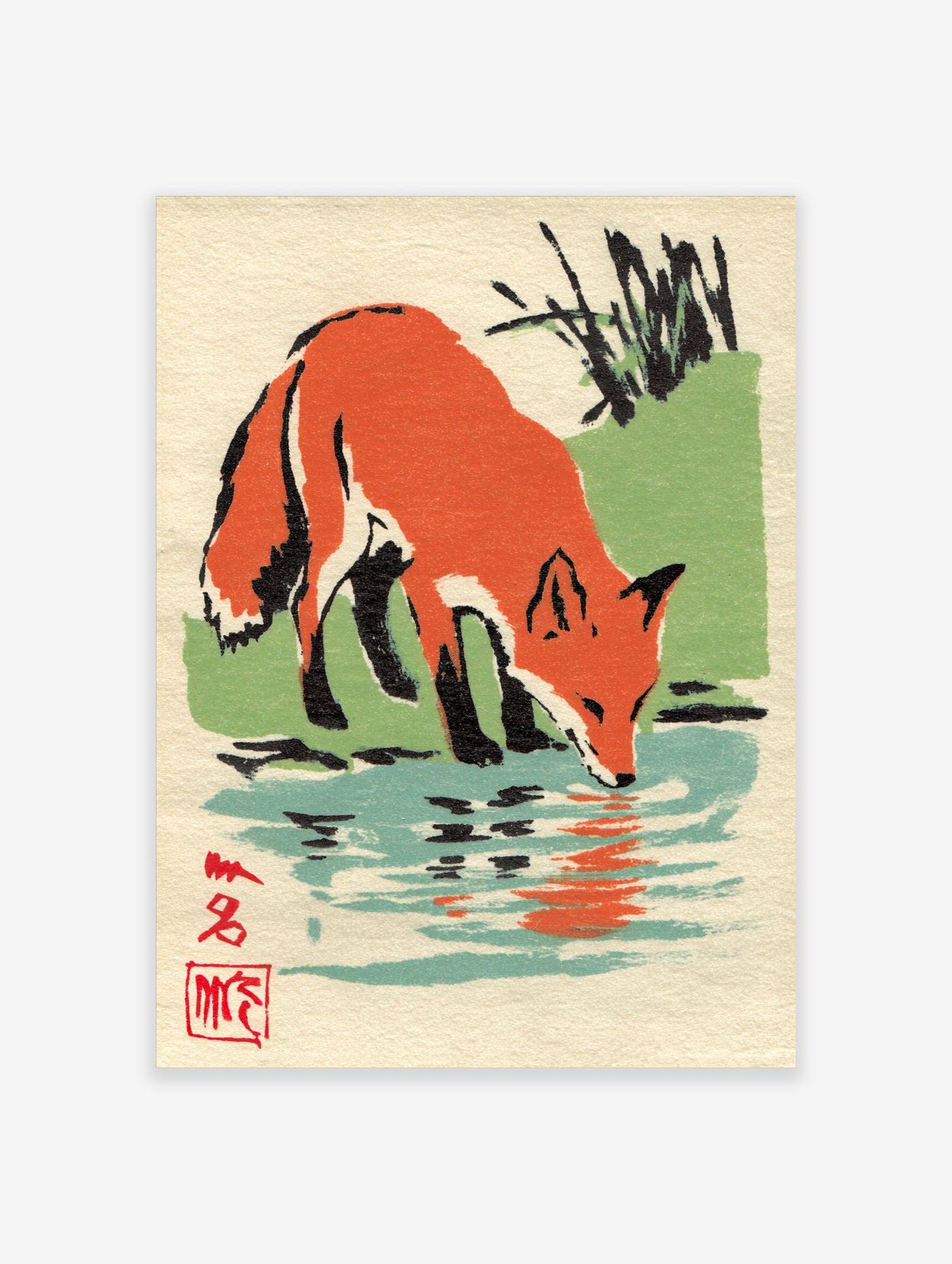 Red fox drinking from stream, Japanese woodblock style print with green grass and blue water, red seal