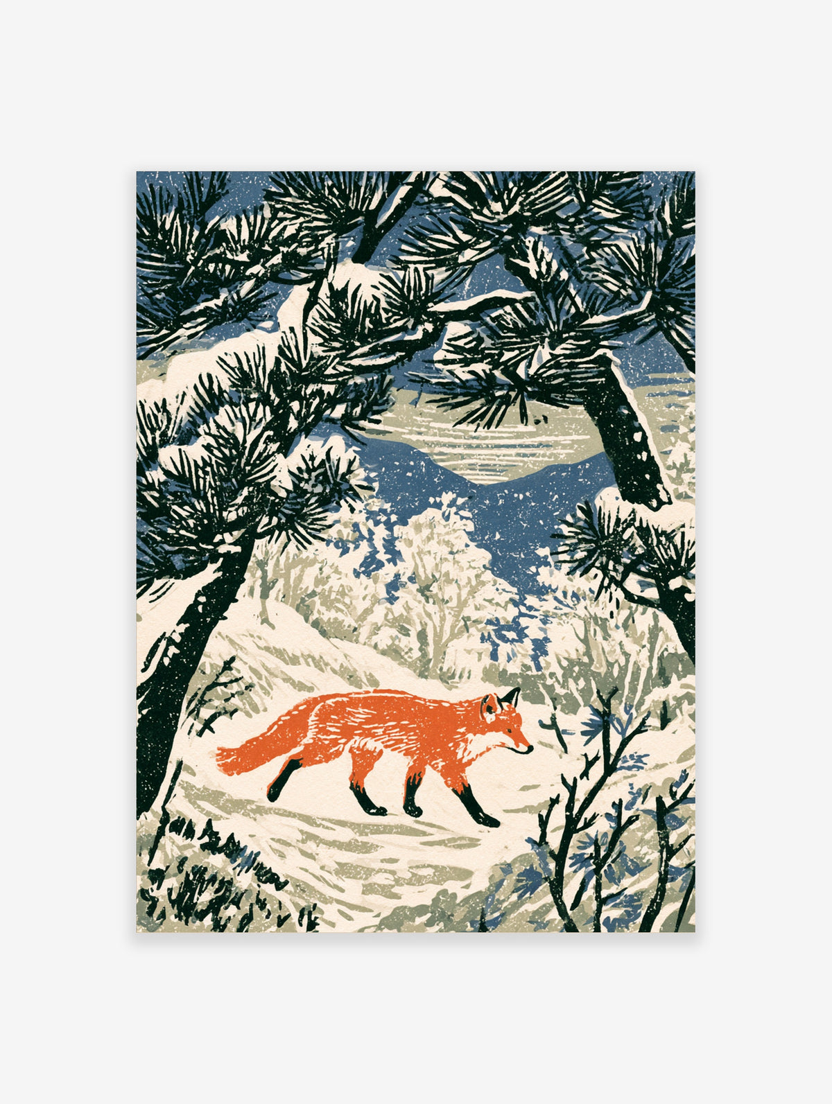 Red fox walking in snowy pine forest with blue mountains, winter animal art print
