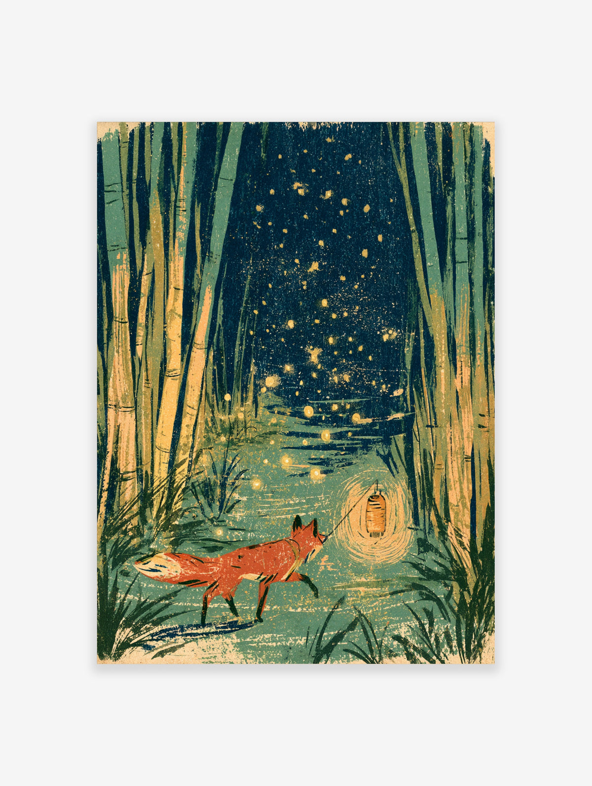 Red fox carrying a glowing lantern in a dark forest with fireflies, vertical illustration