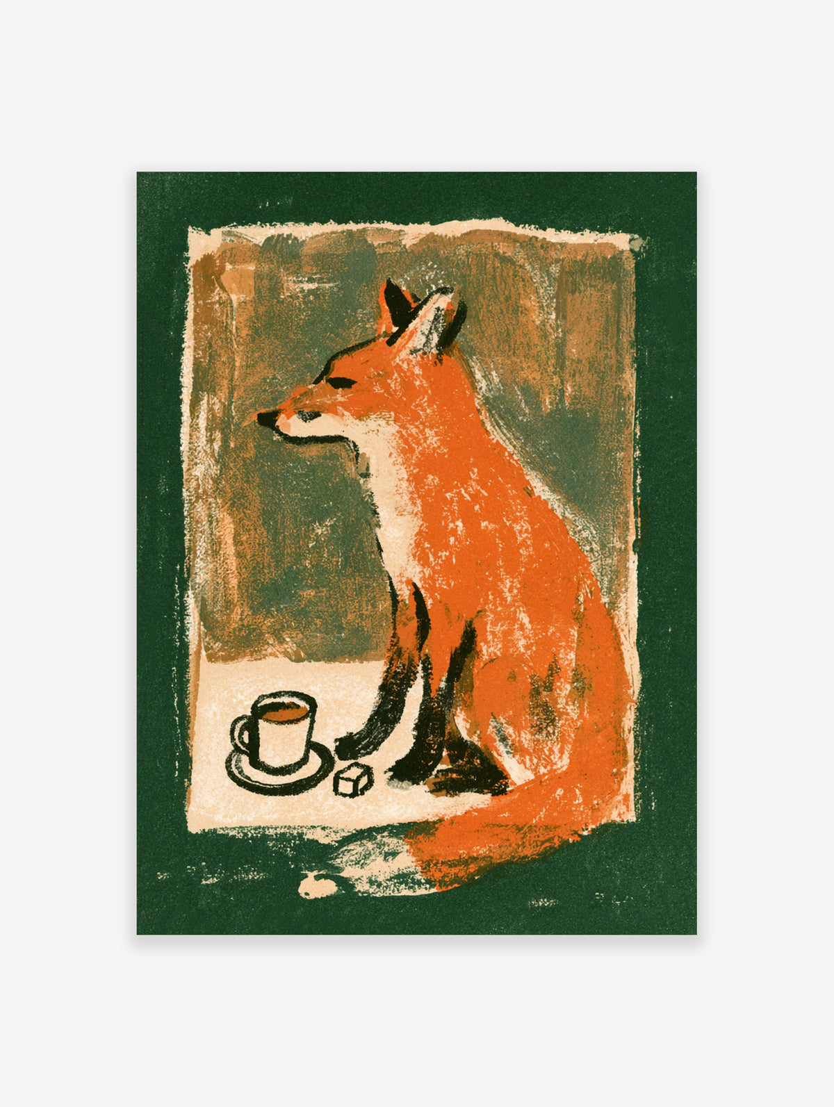 Red fox sitting by a black coffee cup and sugar cube on a textured green and tan background art print