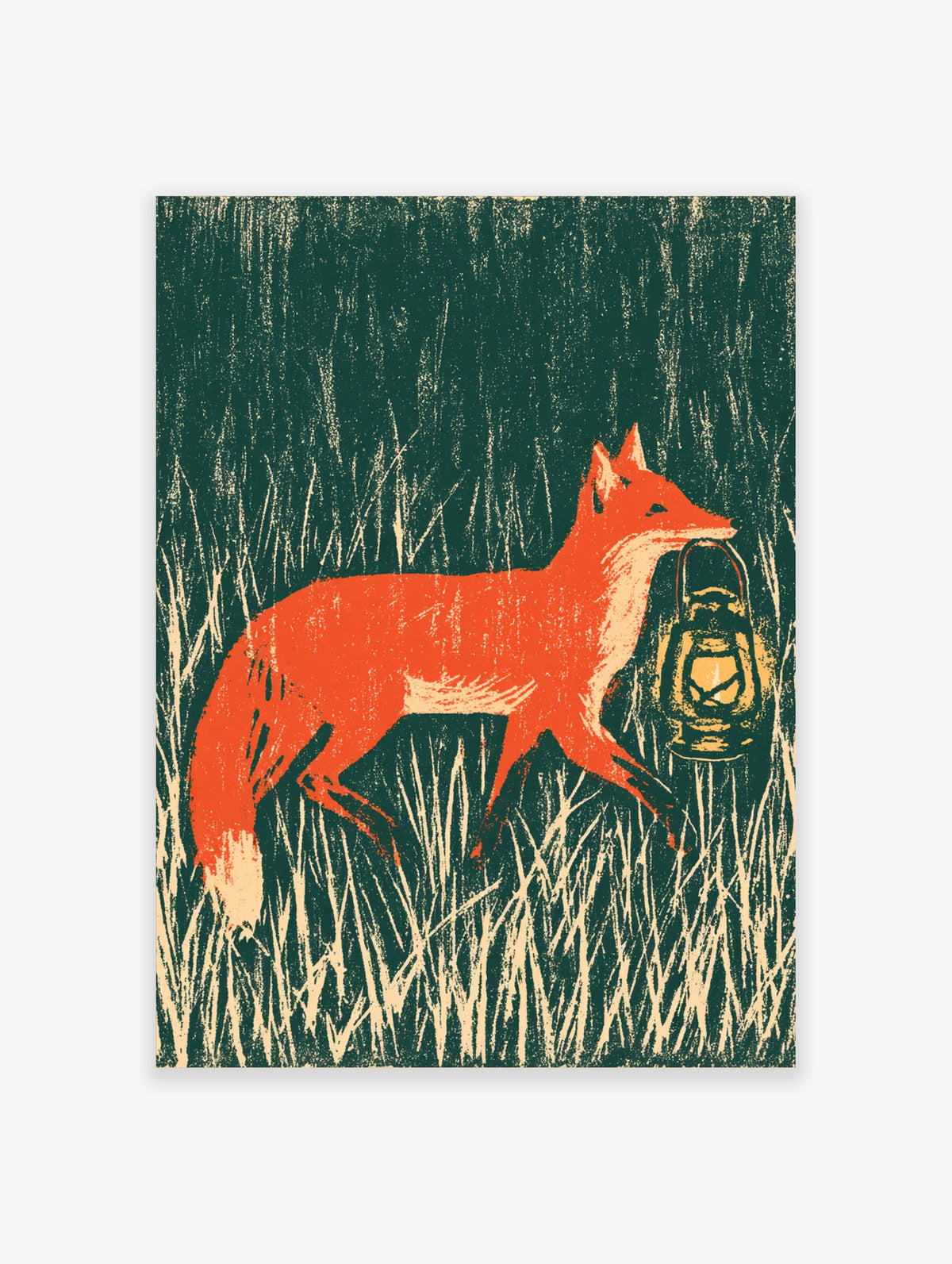 Red fox carrying a lantern in tall grass on a dark green background, animal poster