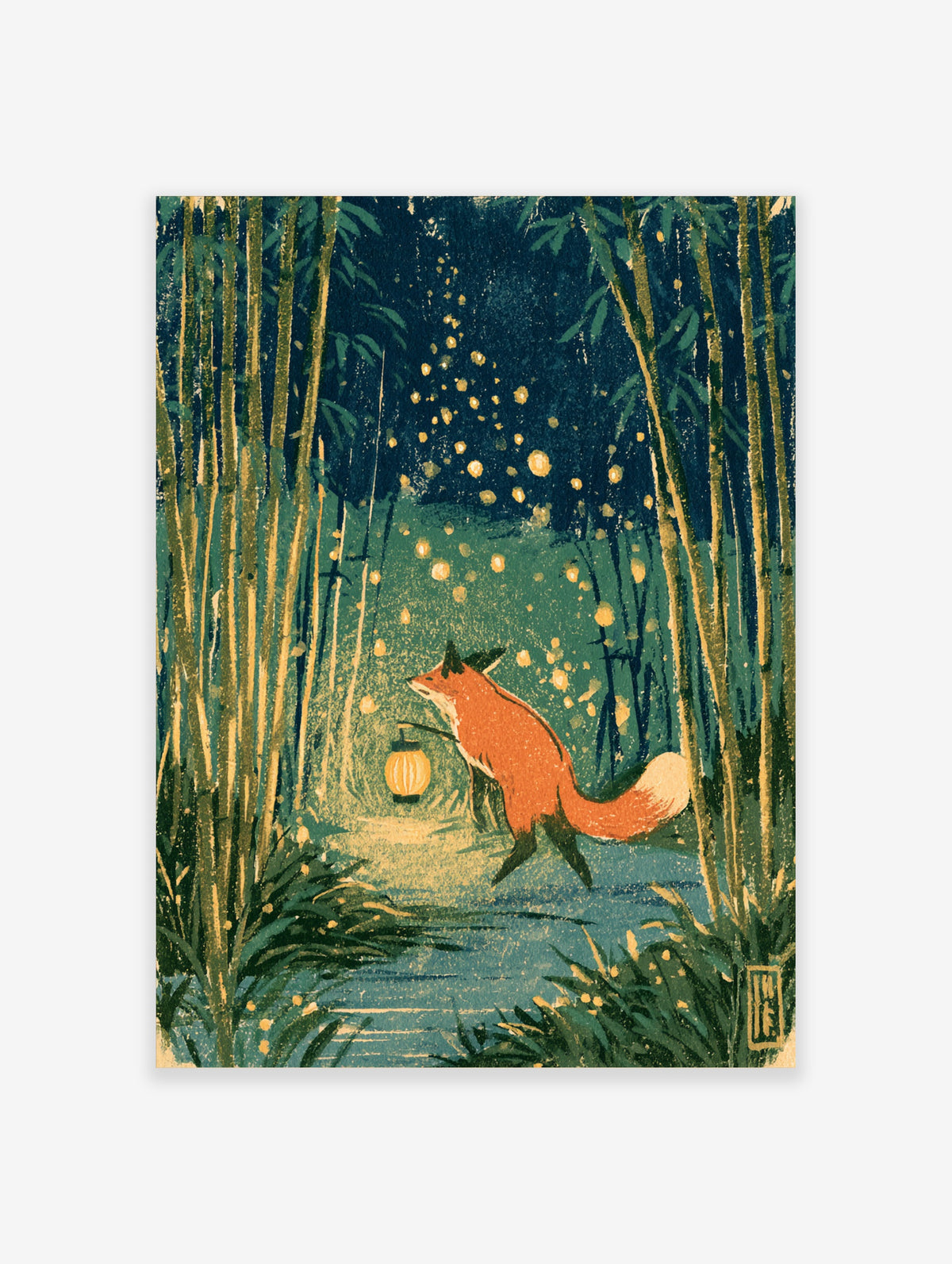 Red fox with lantern in dark bamboo forest, golden fireflies, illustrated poster