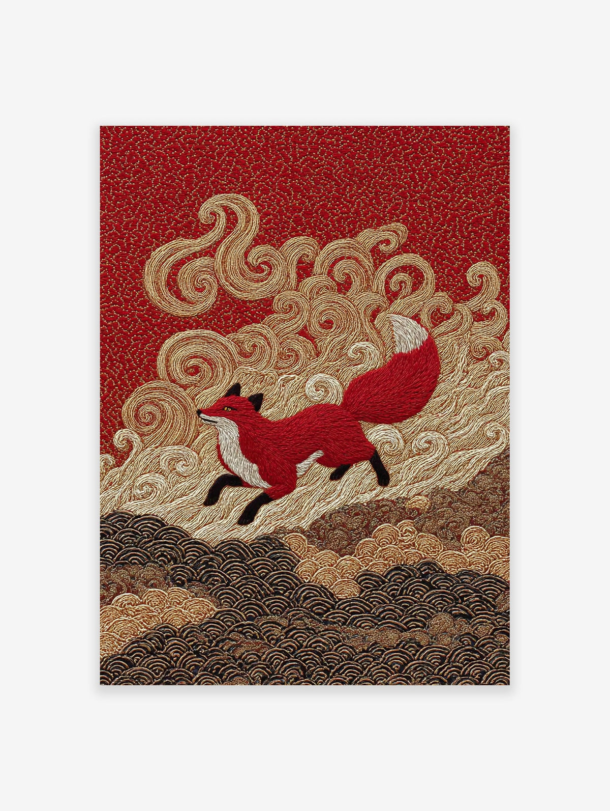 Vibrant Red Fox Poster in Japanese embroidery style, featuring a leaping red fox on a rich red background with golden waves.