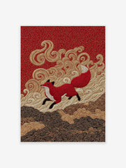 Vibrant Red Fox Poster in Japanese embroidery style, featuring a leaping red fox on a rich red background with golden waves.