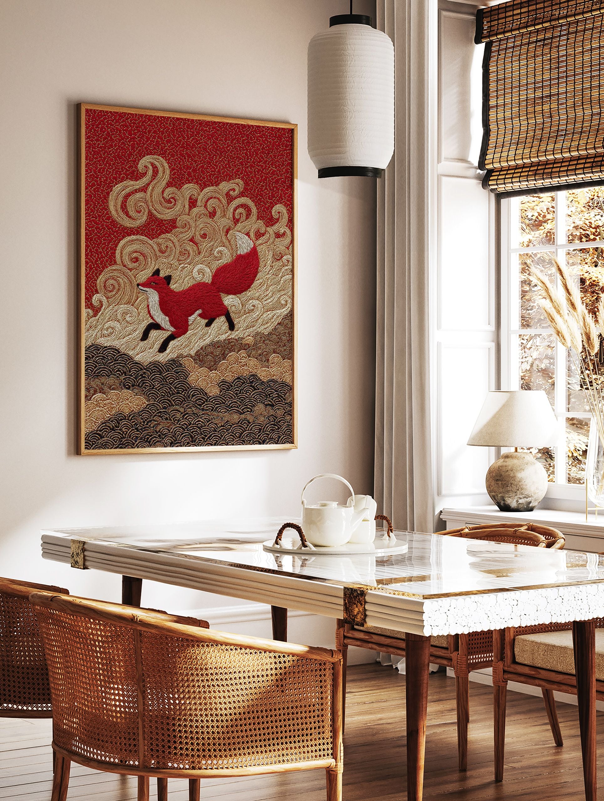 Vibrant Red Fox Poster in Japanese embroidery style, featuring a leaping red fox on a rich red background with golden waves. - Image 2