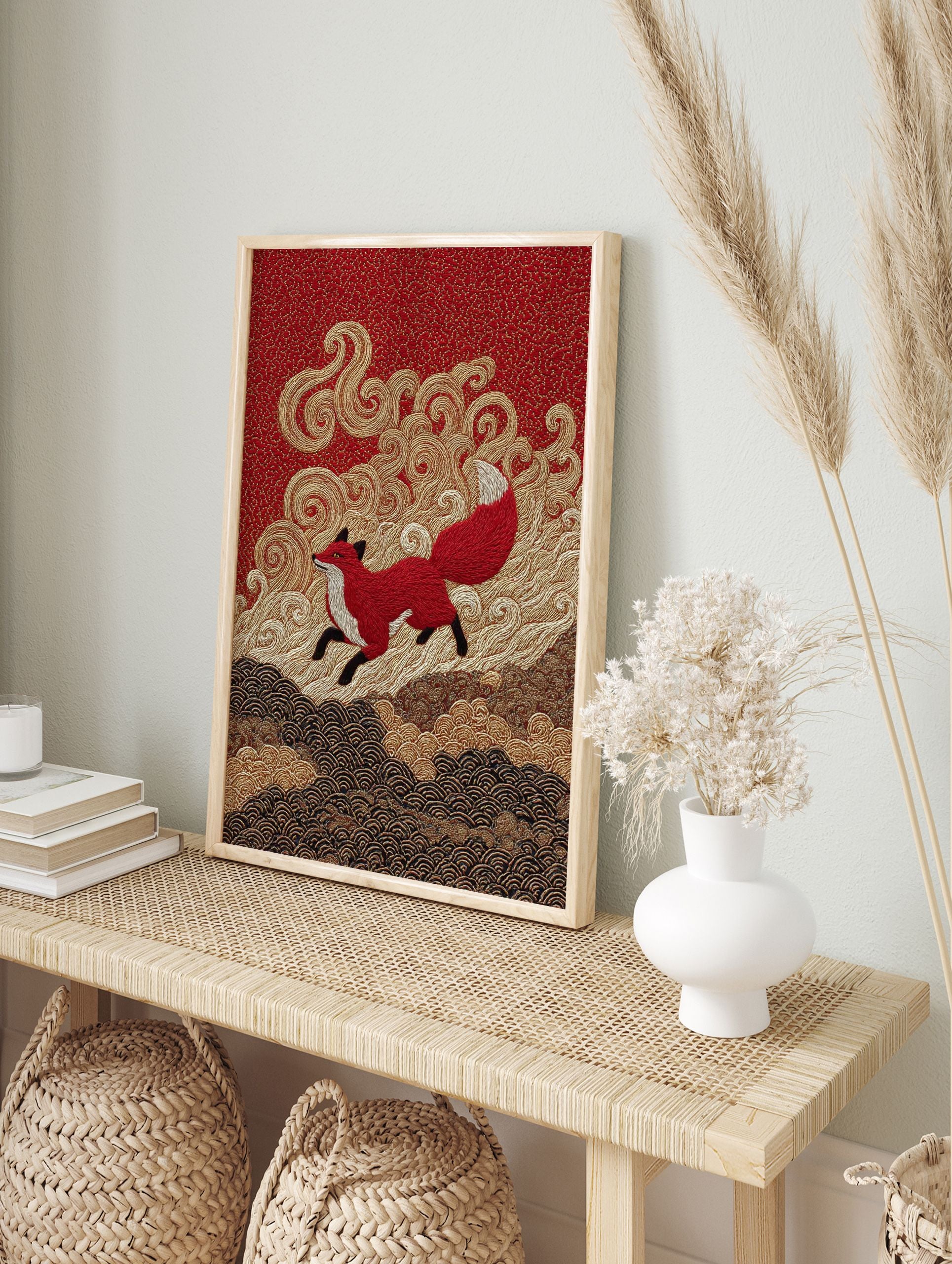 Vibrant Red Fox Poster in Japanese embroidery style, featuring a leaping red fox on a rich red background with golden waves. - Image 4