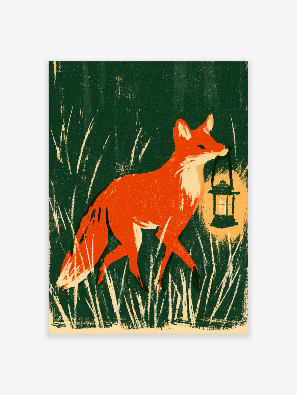 Red fox carrying a lantern in tall grass on a dark green background art print