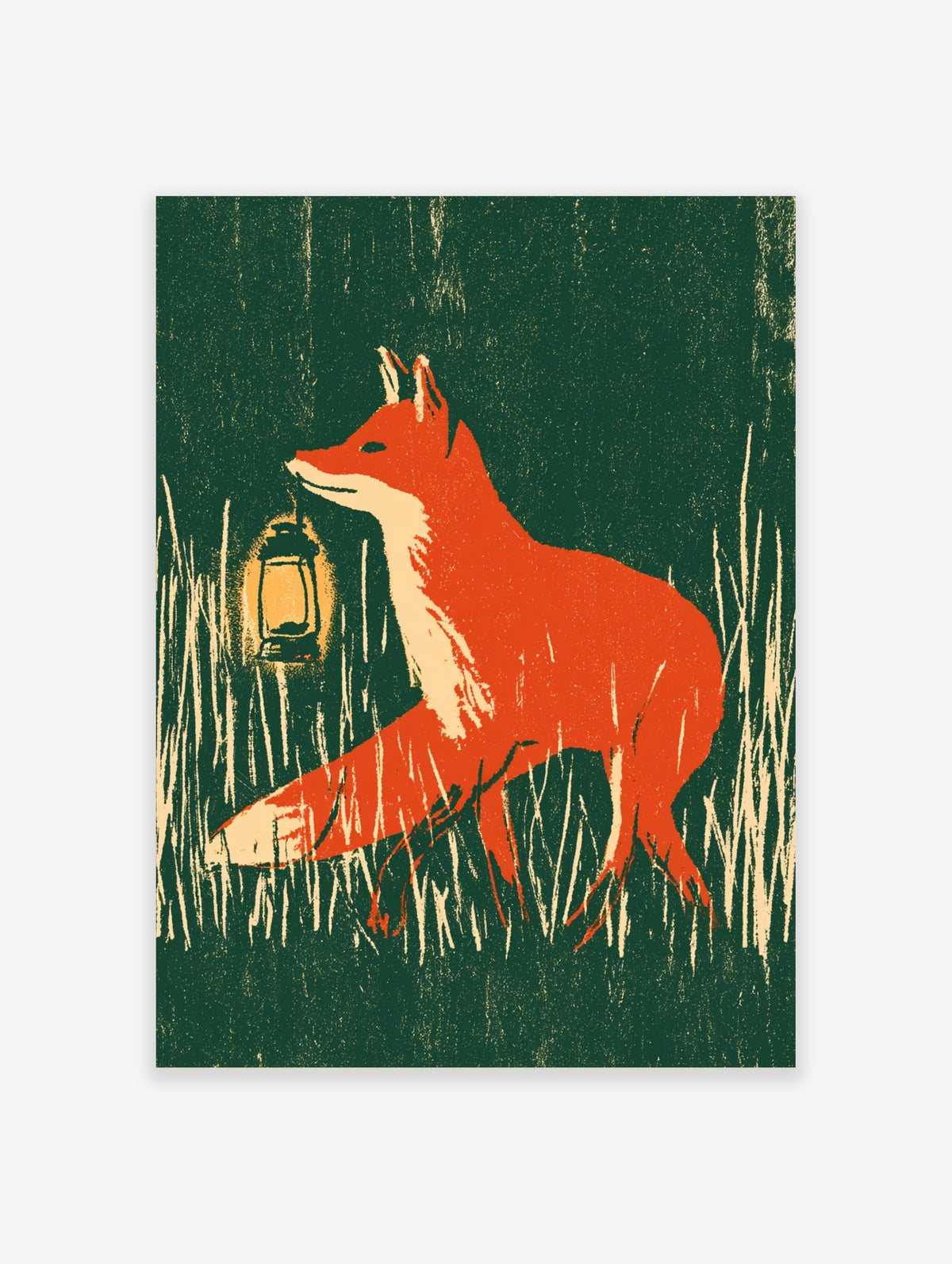 Red fox standing in tall grass beside a lantern on a dark green background art print