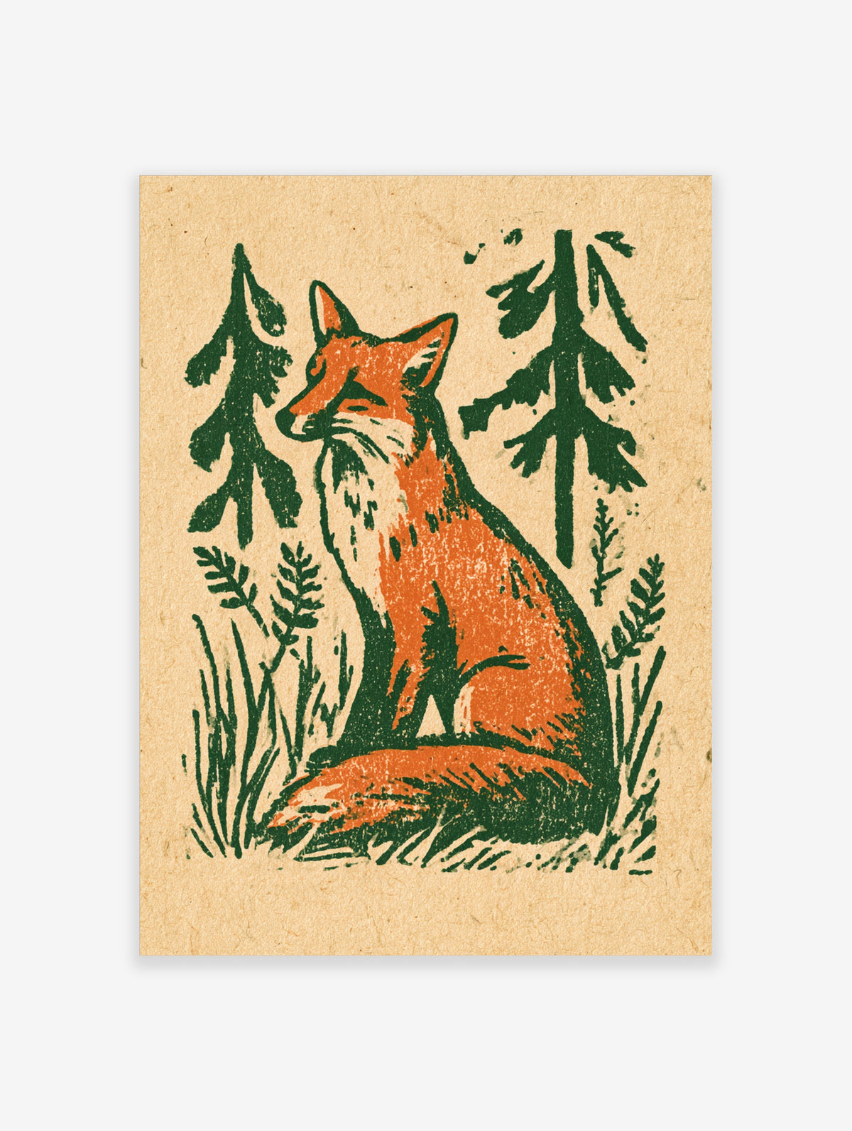 Red fox seated among dark green pine trees on beige textured paper, vintage relief print style