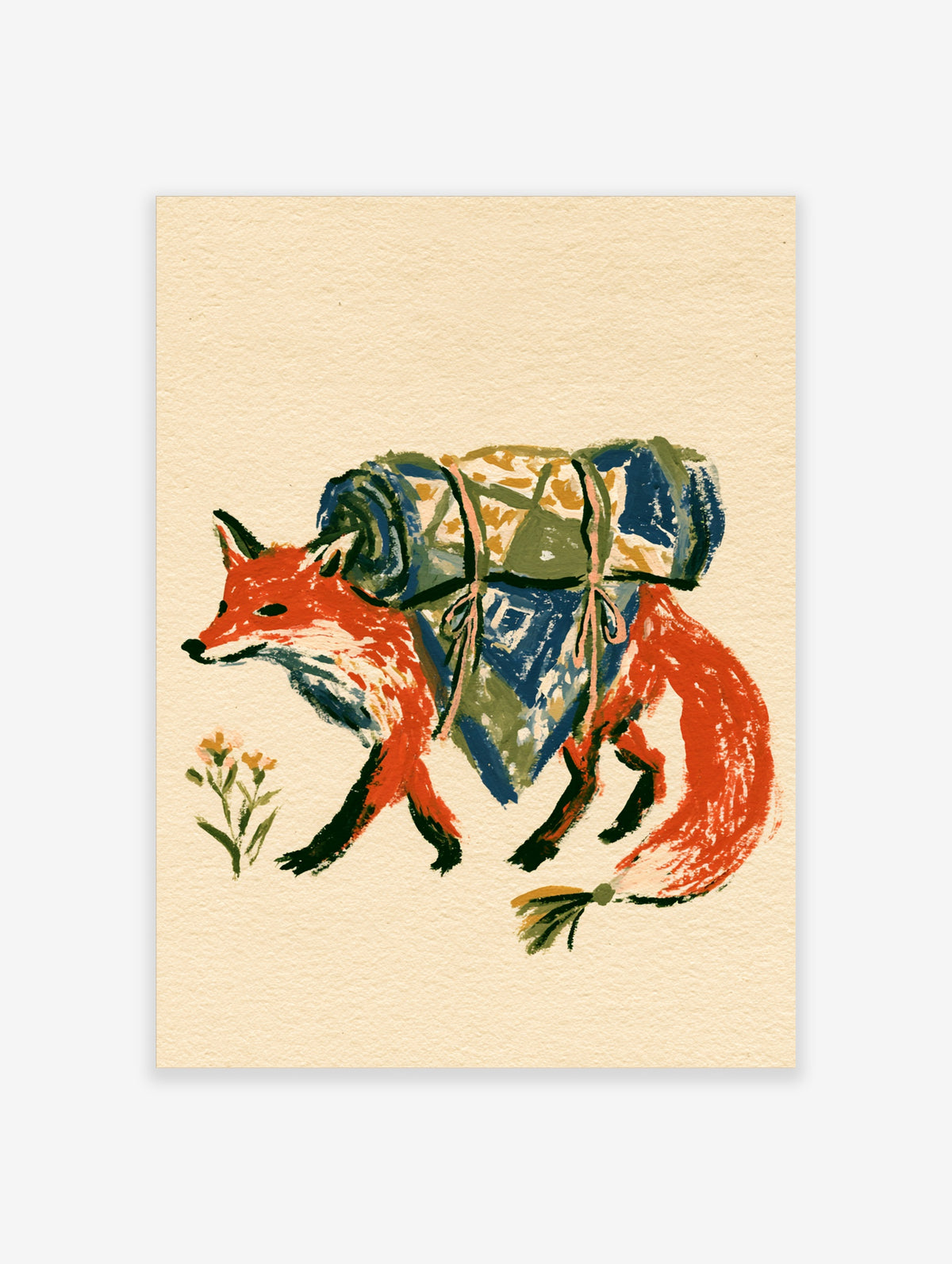 Red fox art print carrying bedroll and blue bandana, painted animal illustration on cream background