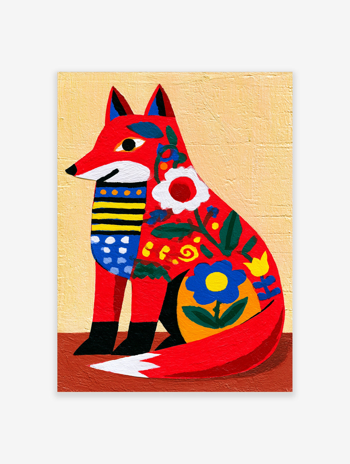 Red fox illustration with floral patterns and geometric stripes on yellow background