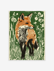Illustrative red fox standing in green grass and white wildflowers, linocut style art print