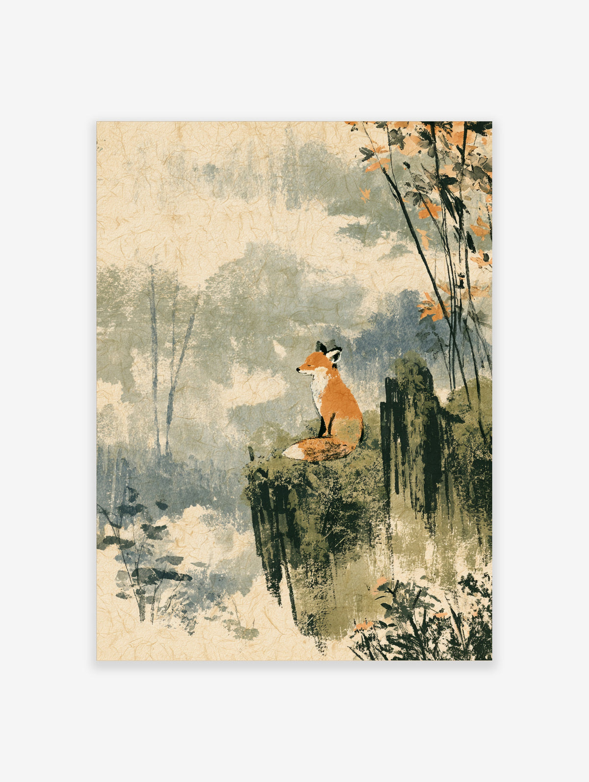 Red fox sitting on a mossy cliff in a Japanese woodblock style art print with misty trees and autumn leaves