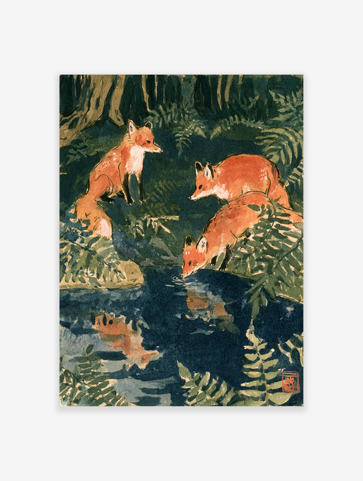Japanese watercolour red fox art print with three foxes by a forest pool and fern leaves