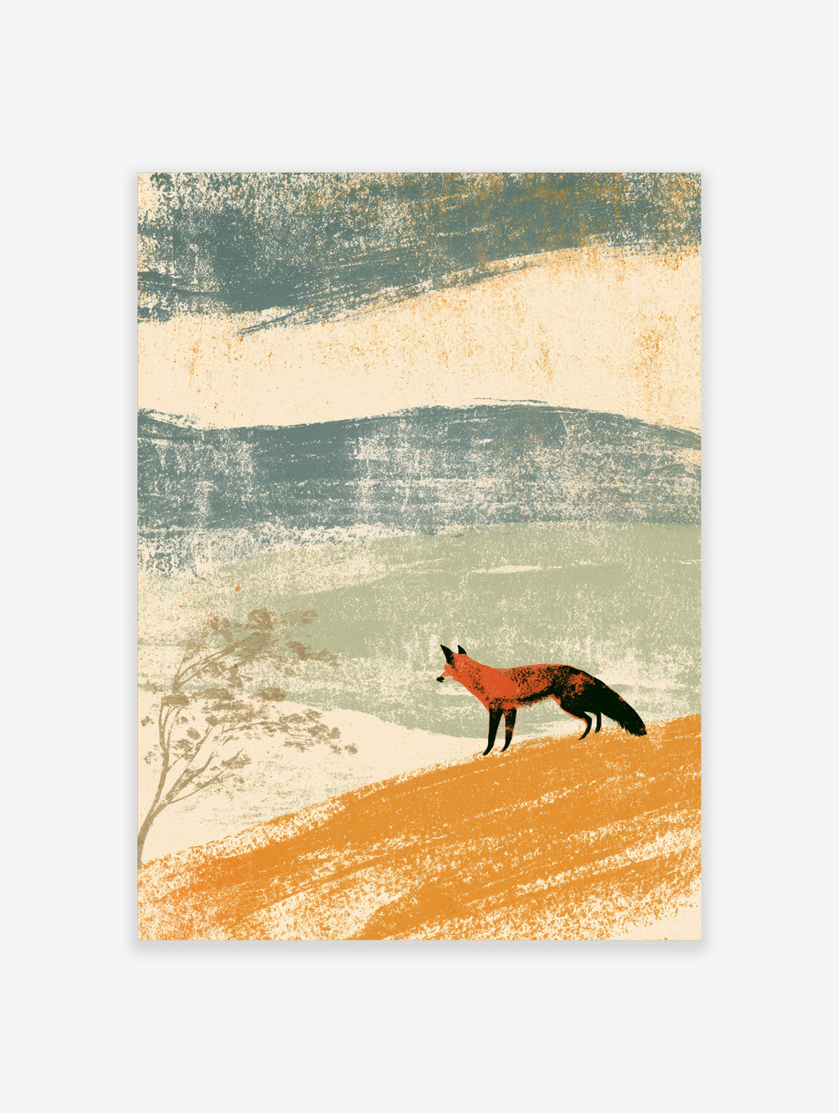 Red fox standing on a golden slope with blue-grey hills and a bare tree in a textured landscape art print