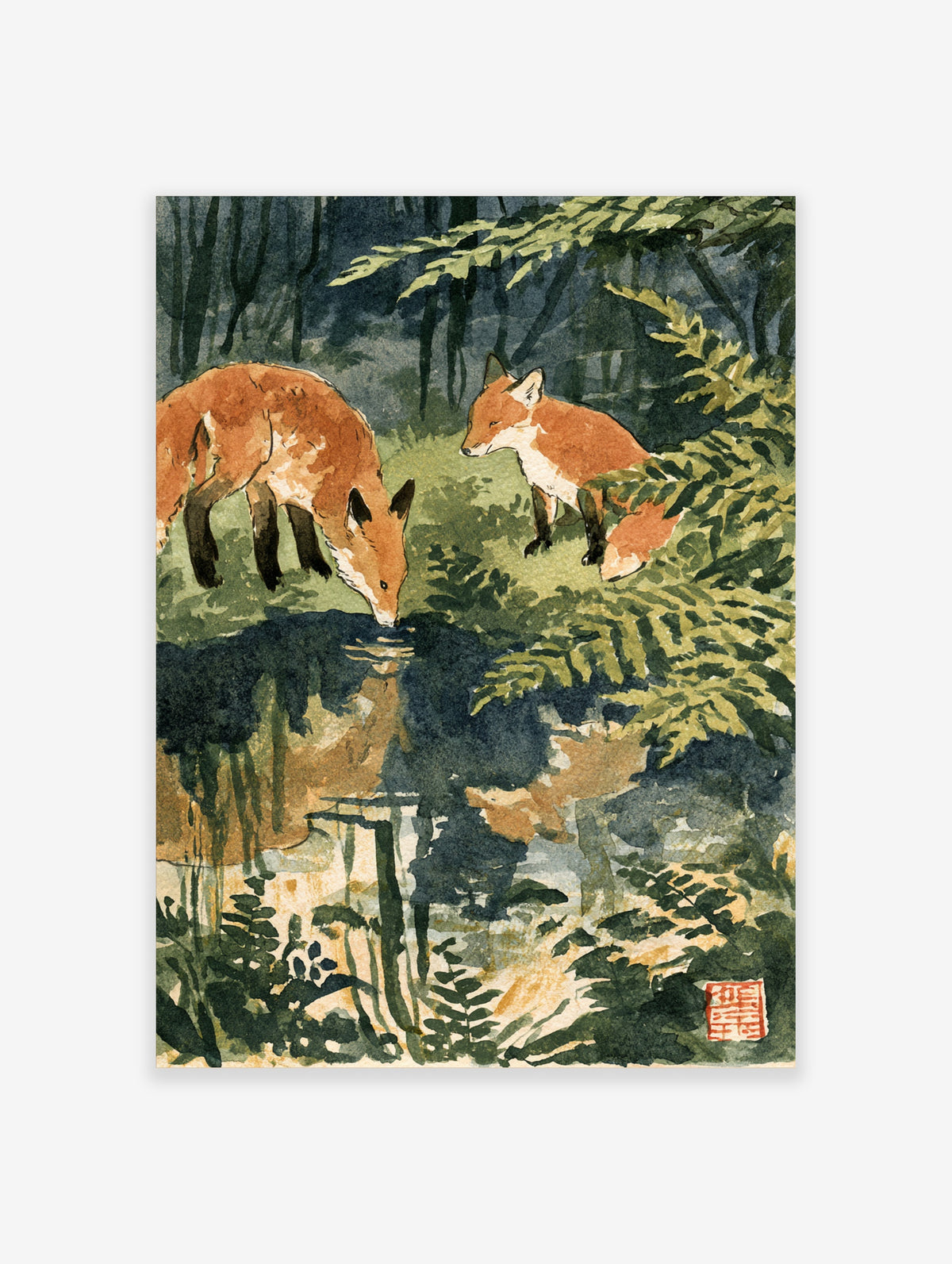 Watercolour red fox wall art print of two foxes by a forest pool with green ferns and dark reflections