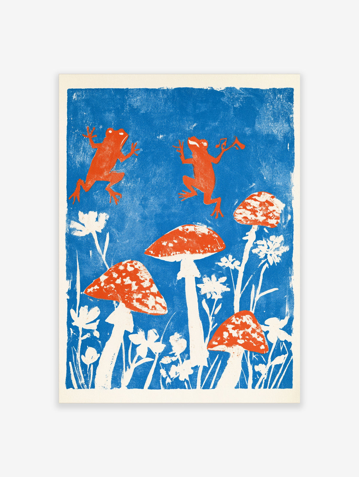 Red frogs leaping over spotted toadstools and white wildflowers on a blue background art print