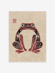 Red and black stylized frog art print on beige paper with a red artist's seal in the top left corner.