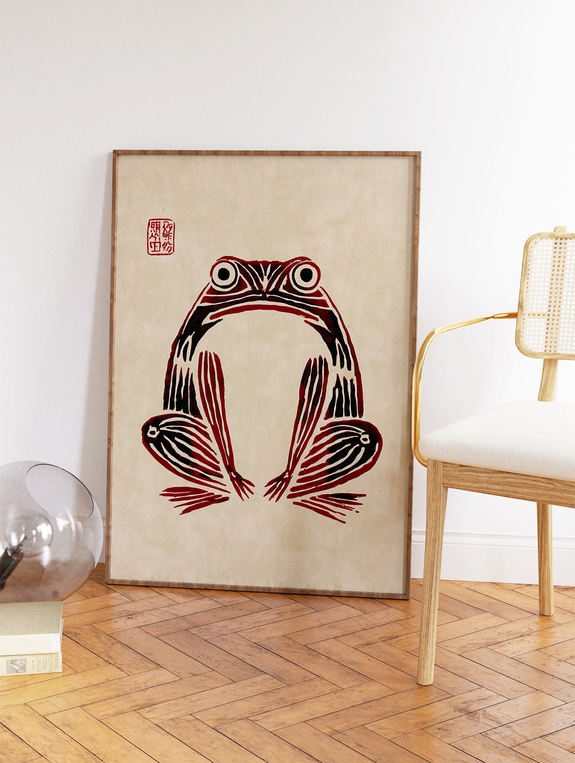 Red and black stylized frog art print on beige paper with a red artist's seal in the top left corner. - Image 2