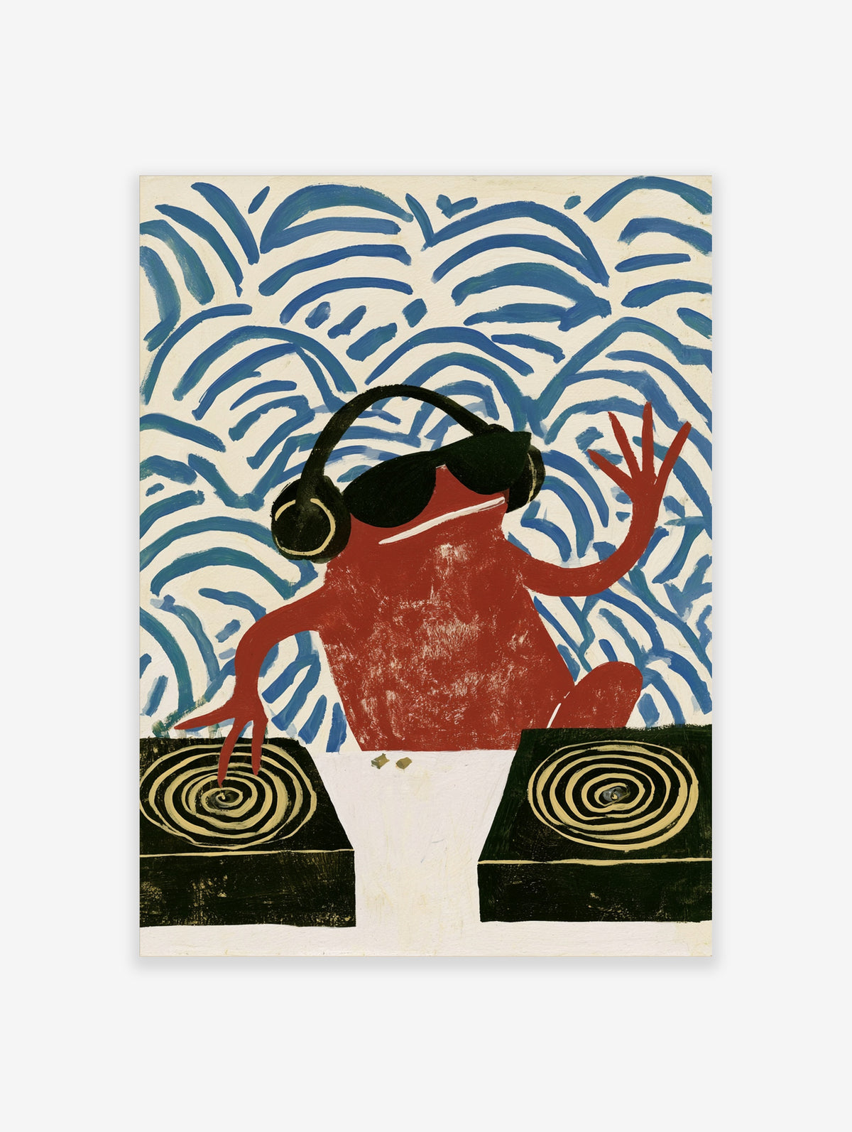 Illustration of a red frog DJ wearing headphones and sunglasses, mixing on turntables against a blue wave background