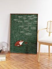 Red frog with a smoking pipe sitting in the rain on a dark green background, unique illustration wall art. - Image 2