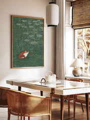 Red frog with a smoking pipe sitting in the rain on a dark green background, unique illustration wall art. - Image 3