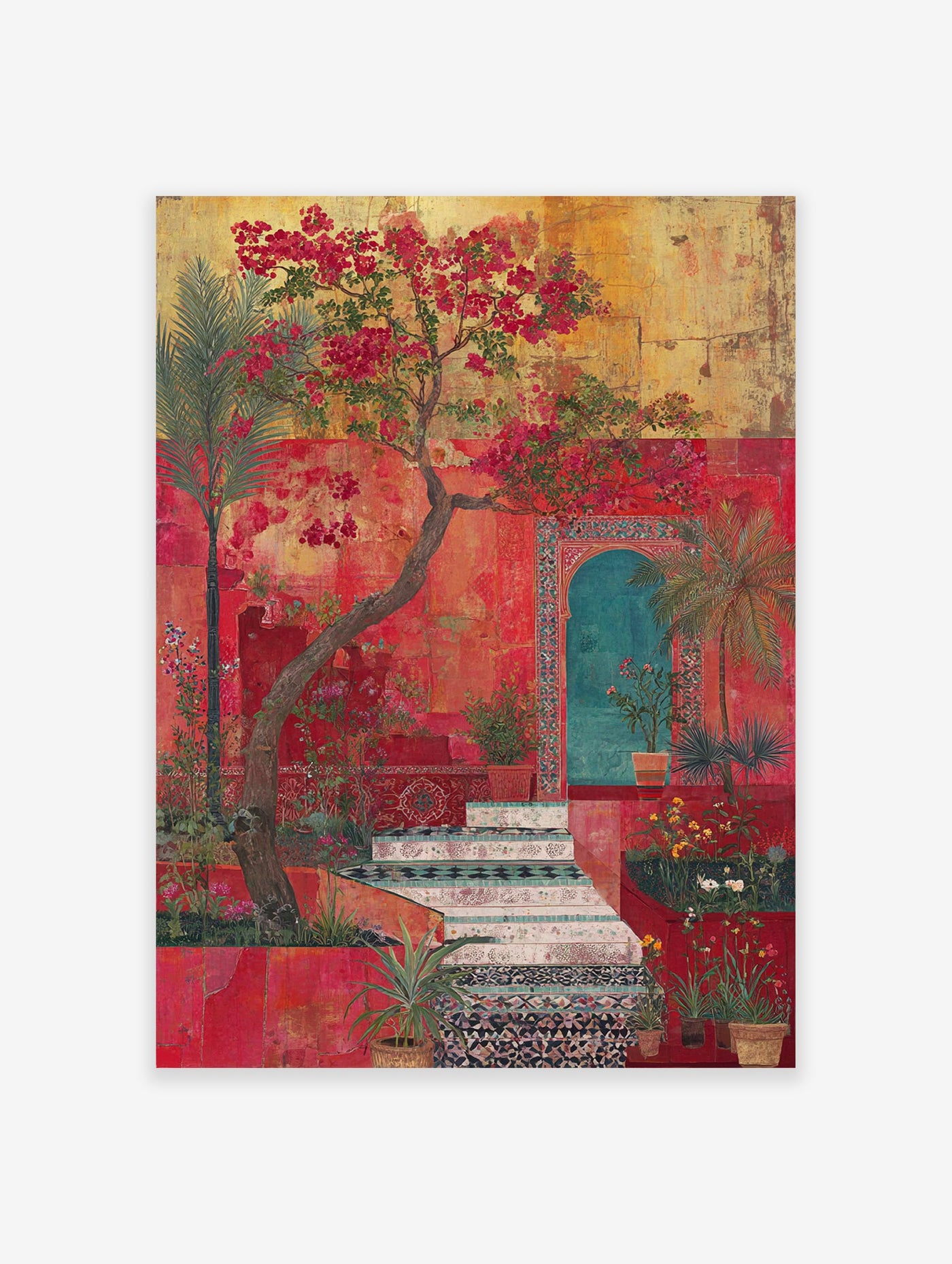 Vibrant Red Garden Poster depicting a Moroccan courtyard with blooming bougainvillea, palm trees, and tiled steps.