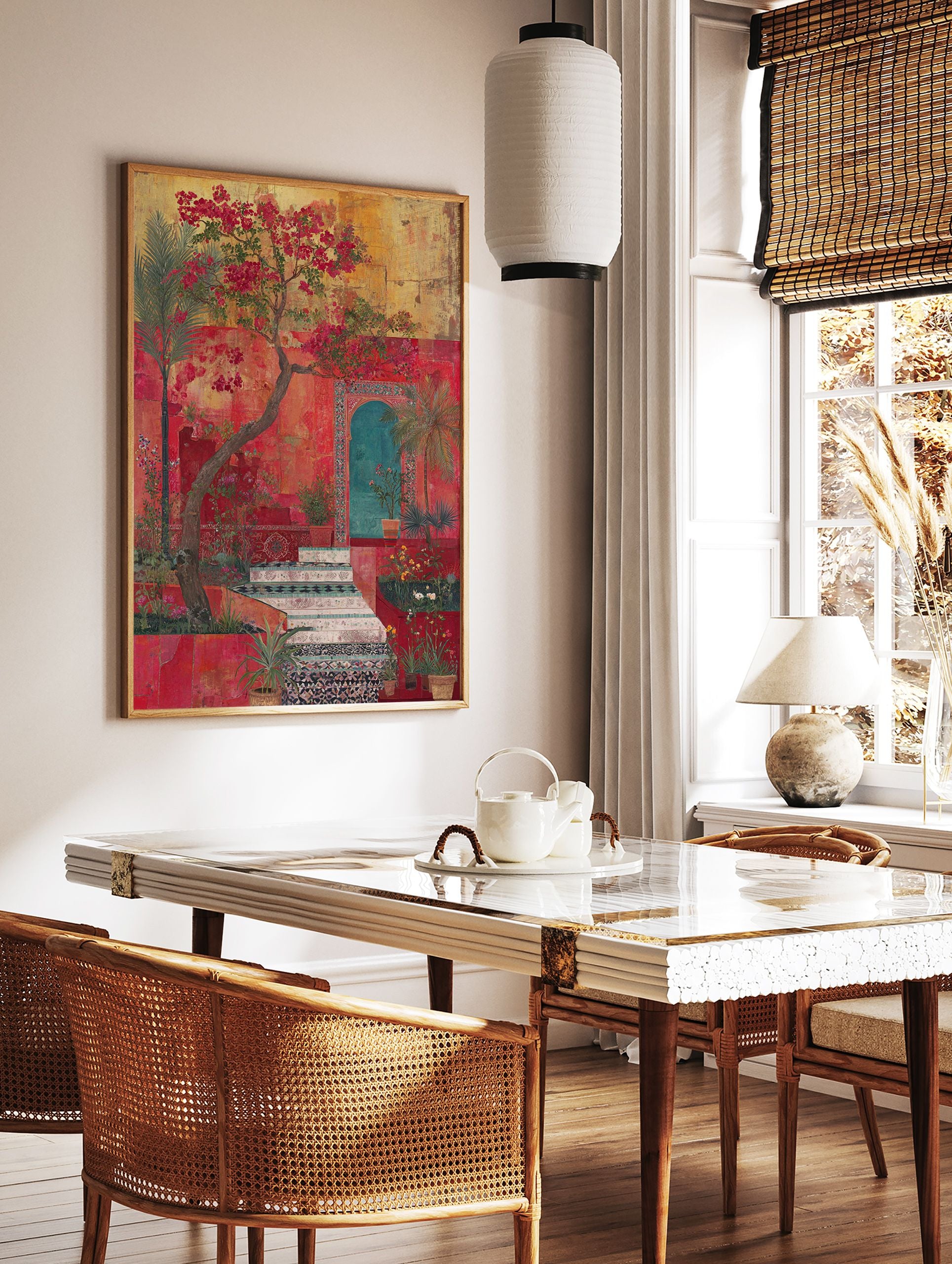 Vibrant Red Garden Poster depicting a Moroccan courtyard with blooming bougainvillea, palm trees, and tiled steps. - Image 2