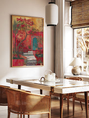 Vibrant Red Garden Poster depicting a Moroccan courtyard with blooming bougainvillea, palm trees, and tiled steps. - Image 2