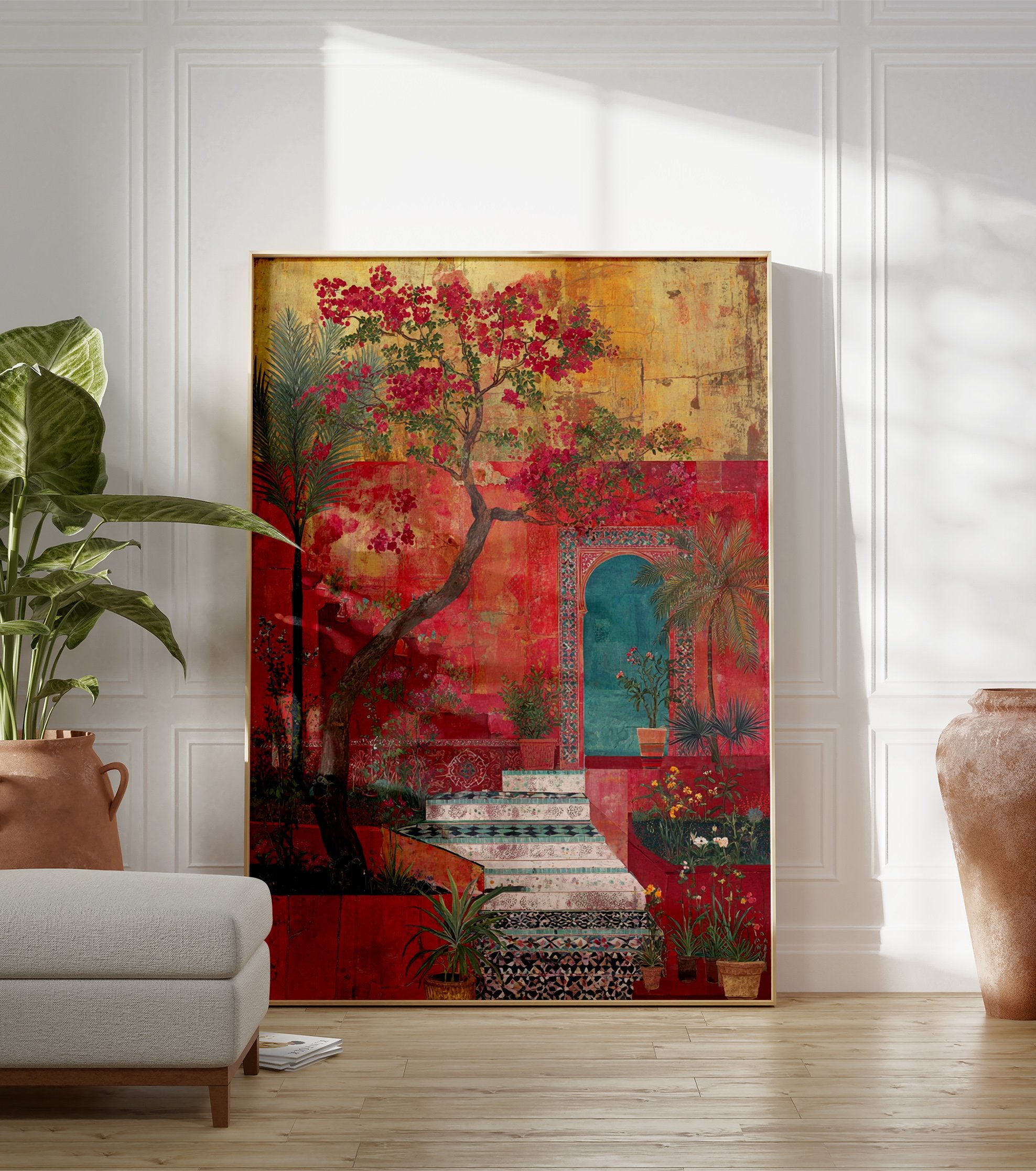 Vibrant Red Garden Poster depicting a Moroccan courtyard with blooming bougainvillea, palm trees, and tiled steps. - Image 3