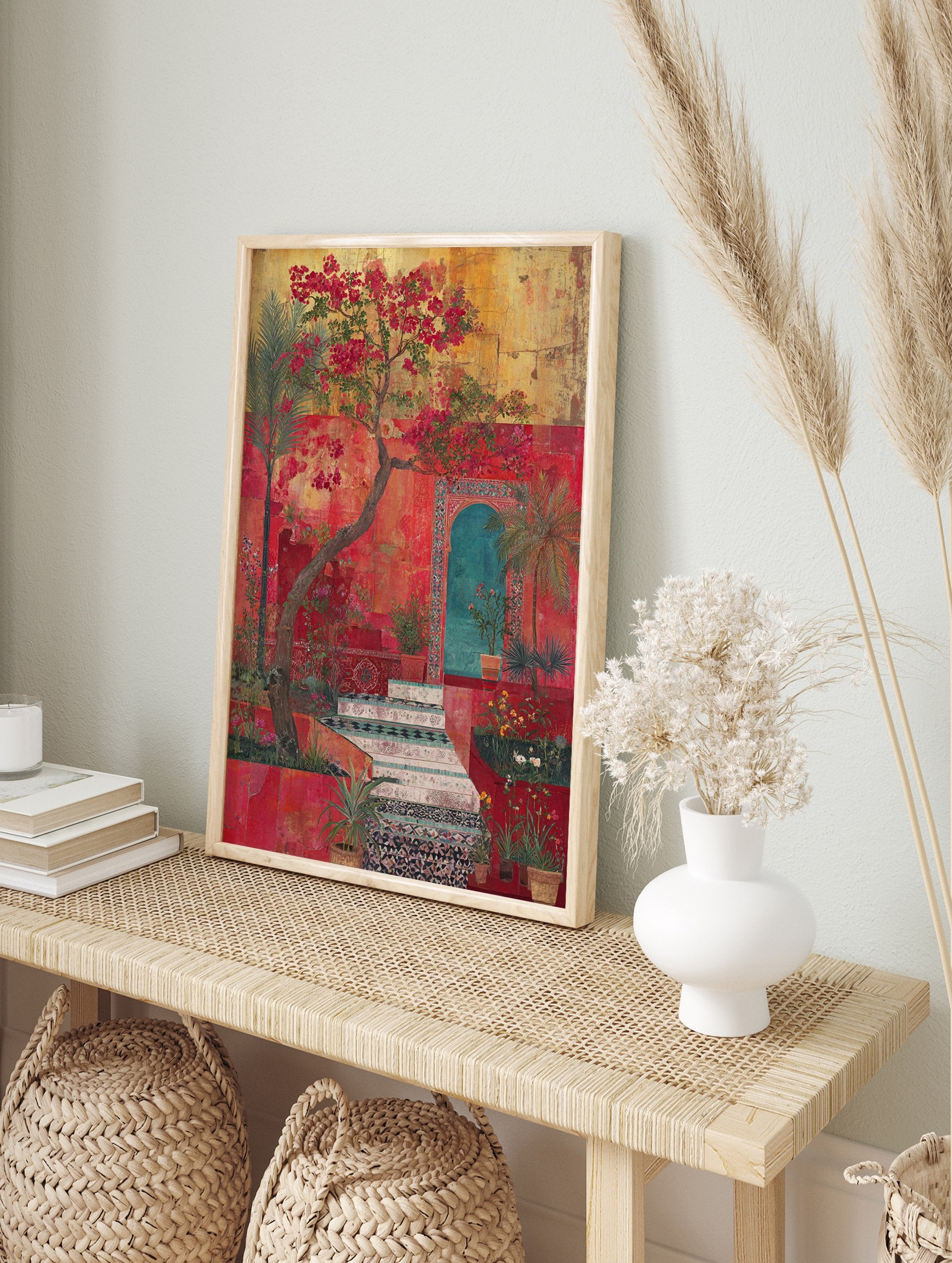 Vibrant Red Garden Poster depicting a Moroccan courtyard with blooming bougainvillea, palm trees, and tiled steps. - Image 4