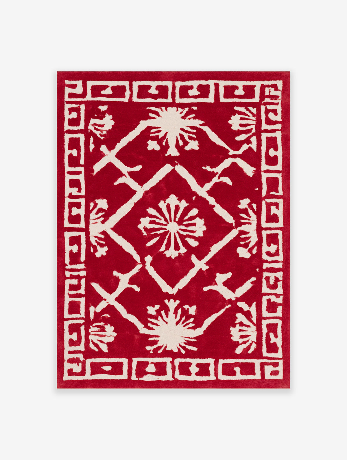 Red and white geometric floral poster with stylised blooms and Greek key border