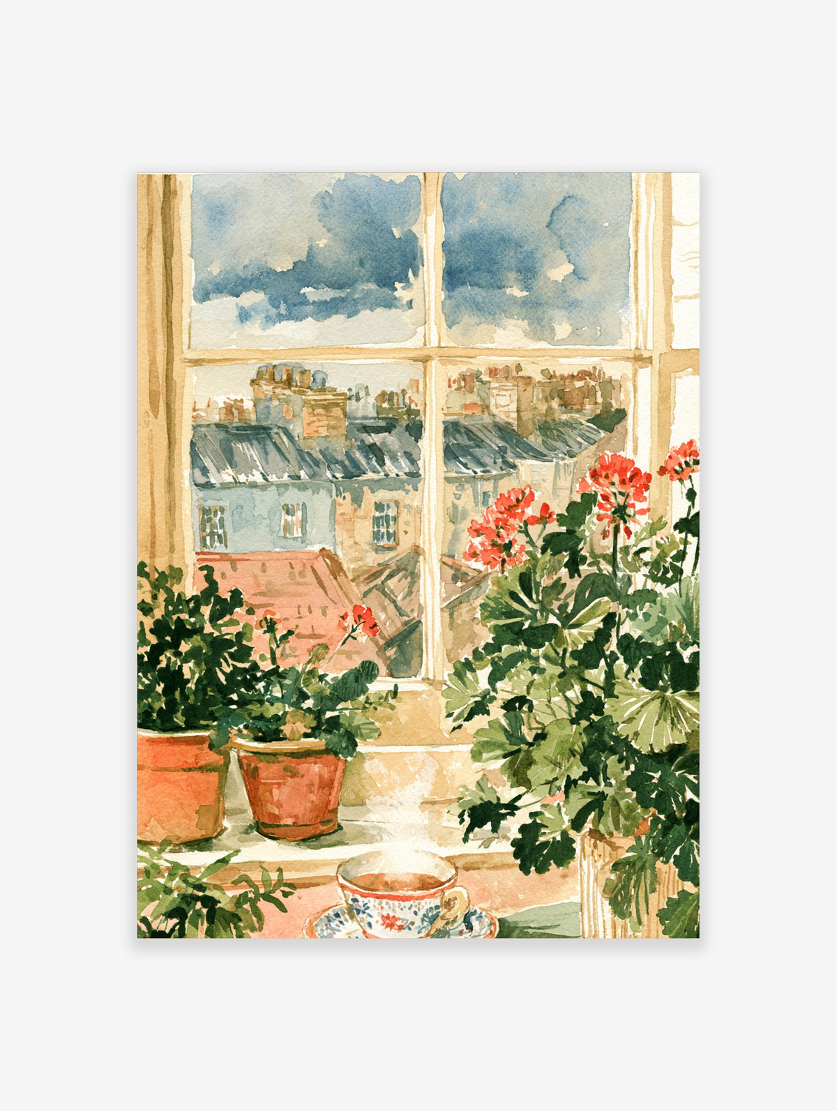 Watercolour poster of red geraniums on a windowsill with a teacup and city rooftops beyond