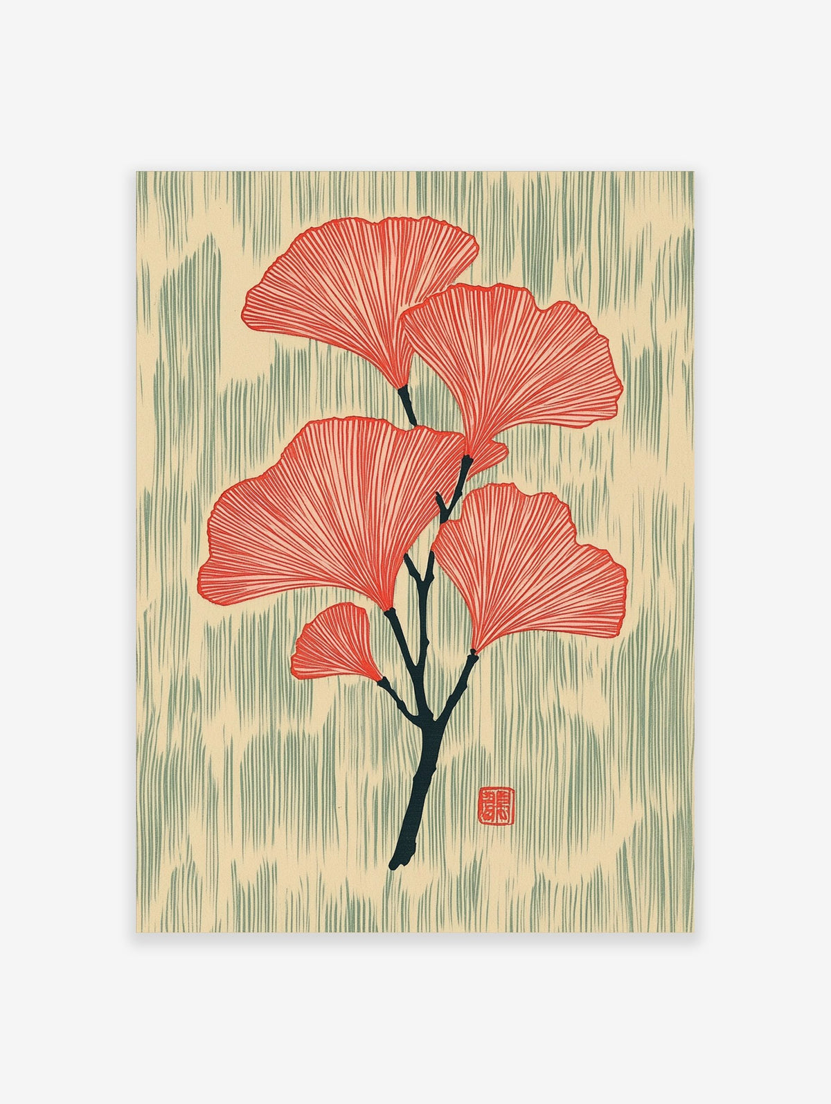 Red ginkgo leaves botanical illustration on a dark branch with textured beige and green-grey background, portrait