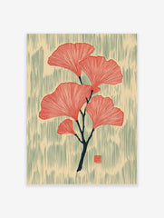 Red ginkgo leaves botanical illustration on a dark branch with textured beige and green-grey background, portrait
