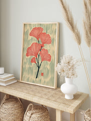 Red ginkgo leaves botanical illustration on a dark branch with textured beige and green-grey, in an alternate framed mockup
