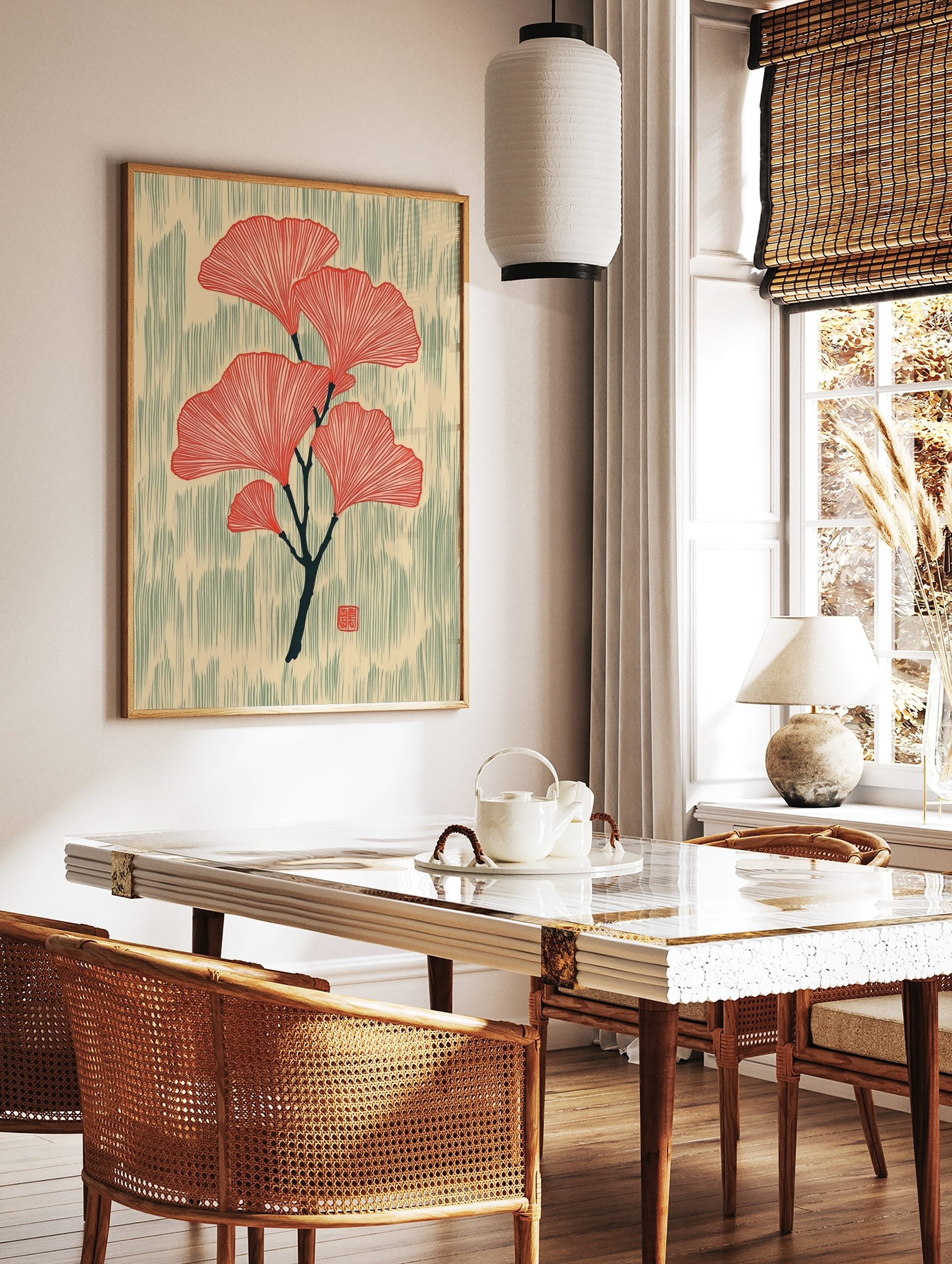 Red ginkgo leaves botanical illustration on a dark branch with textured beige and green-grey, in a styled room mockup