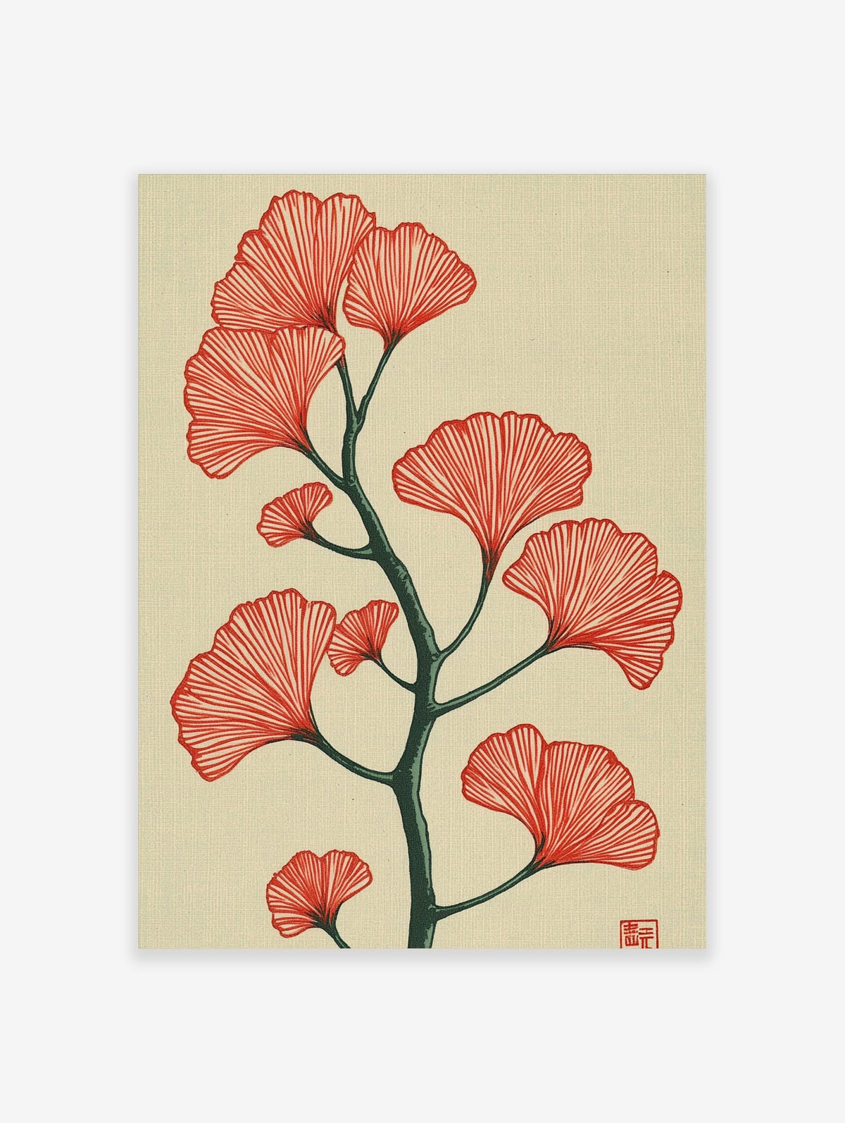 Red ginkgo leaves with a dark green branch botanical illustration on a cream background