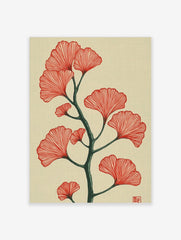 Red ginkgo leaves with a dark green branch botanical illustration on a cream background
