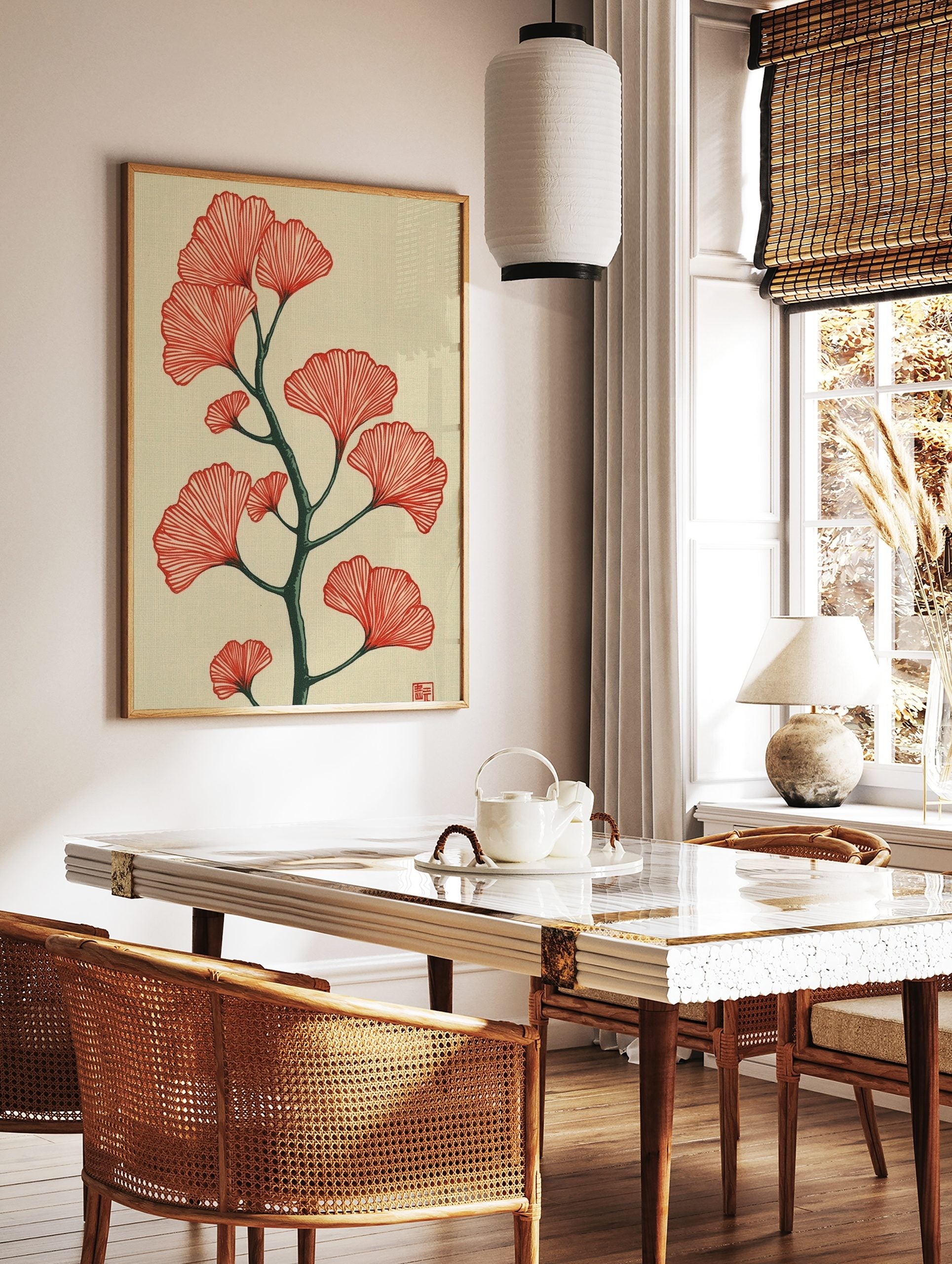 Red ginkgo leaves with a dark green branch botanical illustration on a cream background, in a styled room mockup