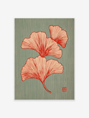 Illustrative red Ginkgo leaves botanical print on a textured teal background with a small red seal