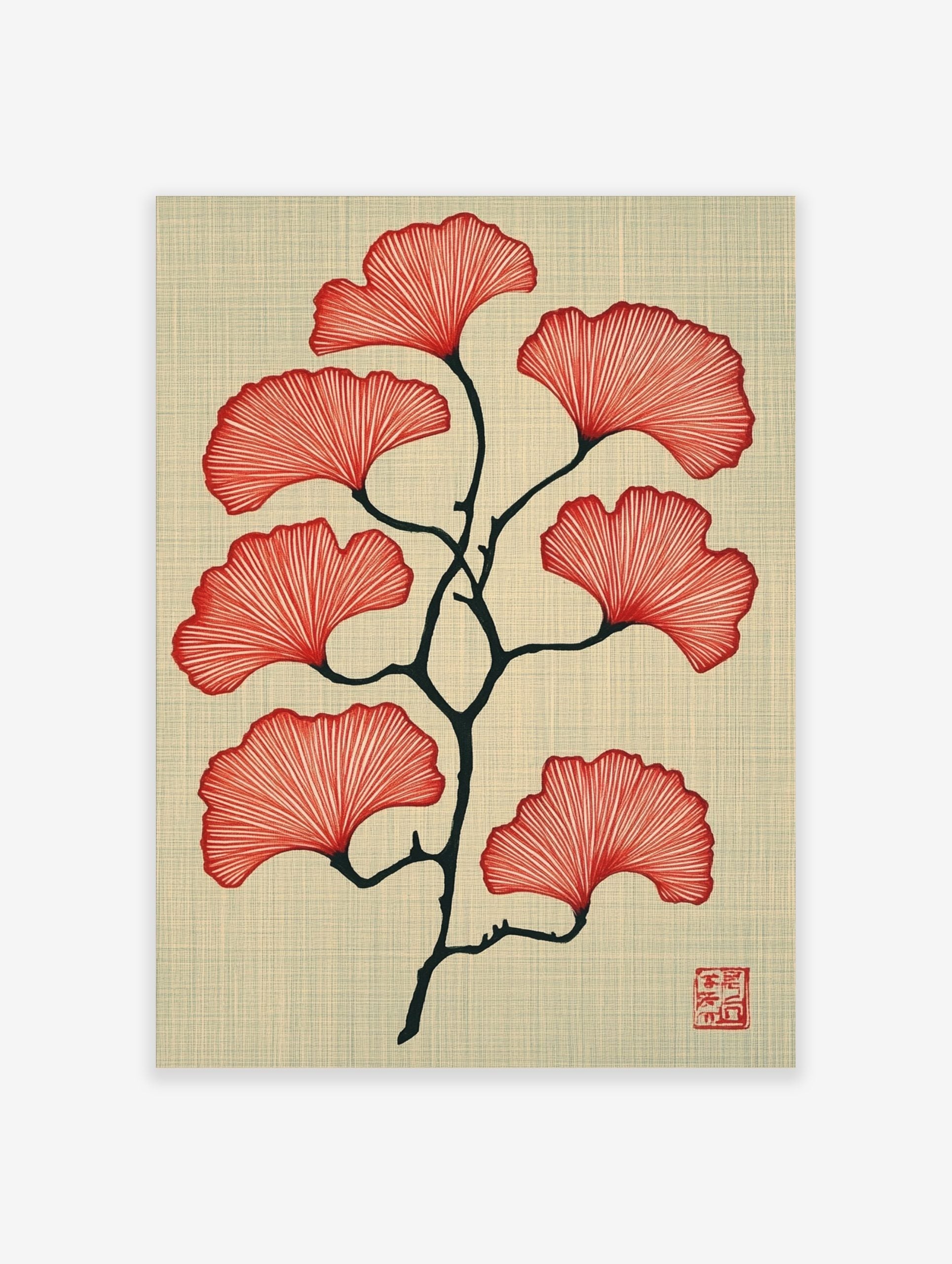 Red ginkgo leaves on a dark branch illustration on a textured beige background with a red seal