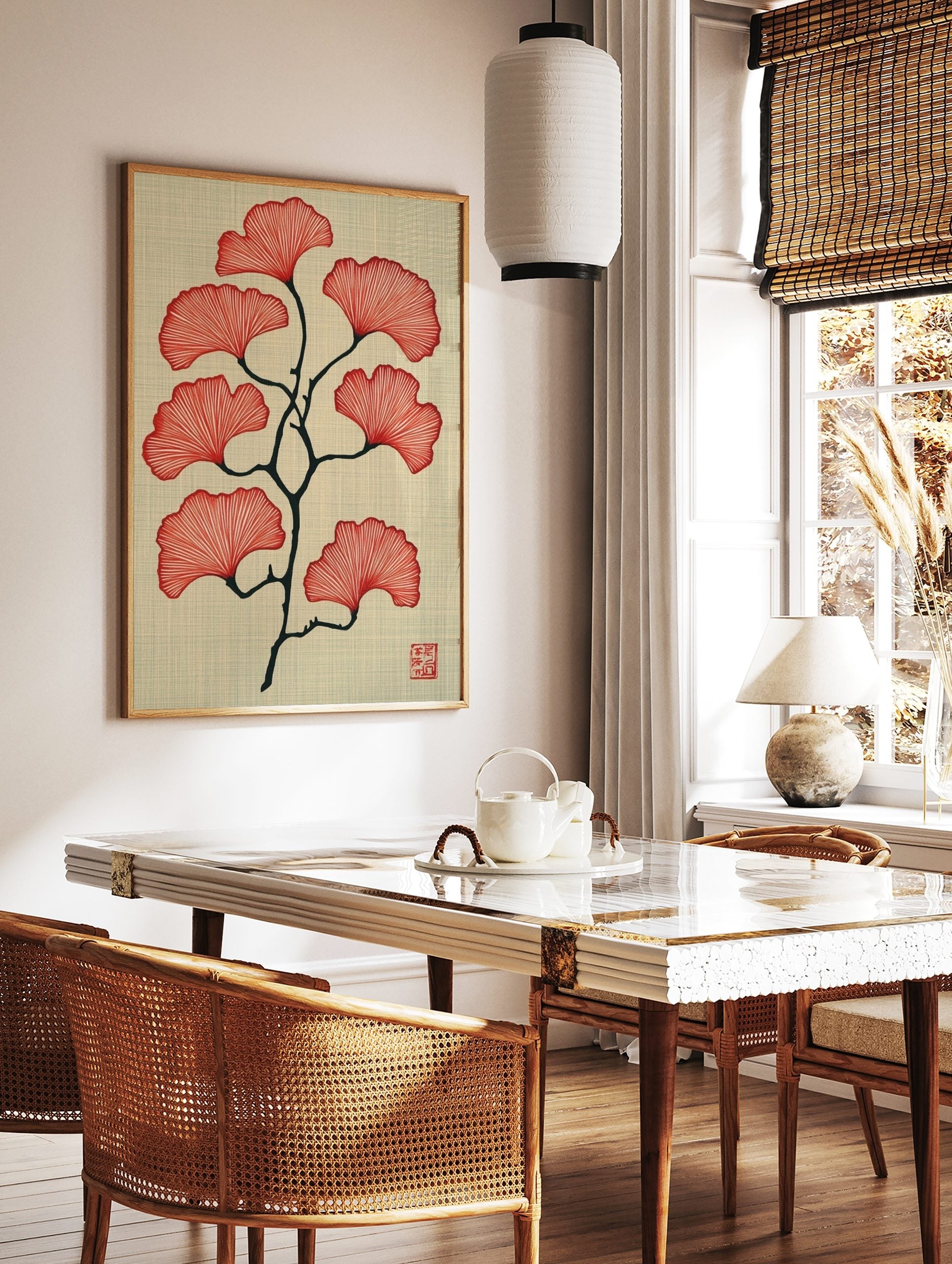 Red ginkgo leaves on a dark branch illustration on a textured beige background with a red seal, in a styled room mockup
