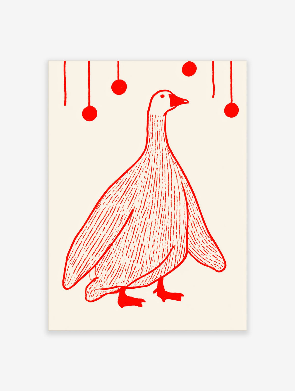 Red goose illustration with hanging red baubles on cream background, minimalist animal art print