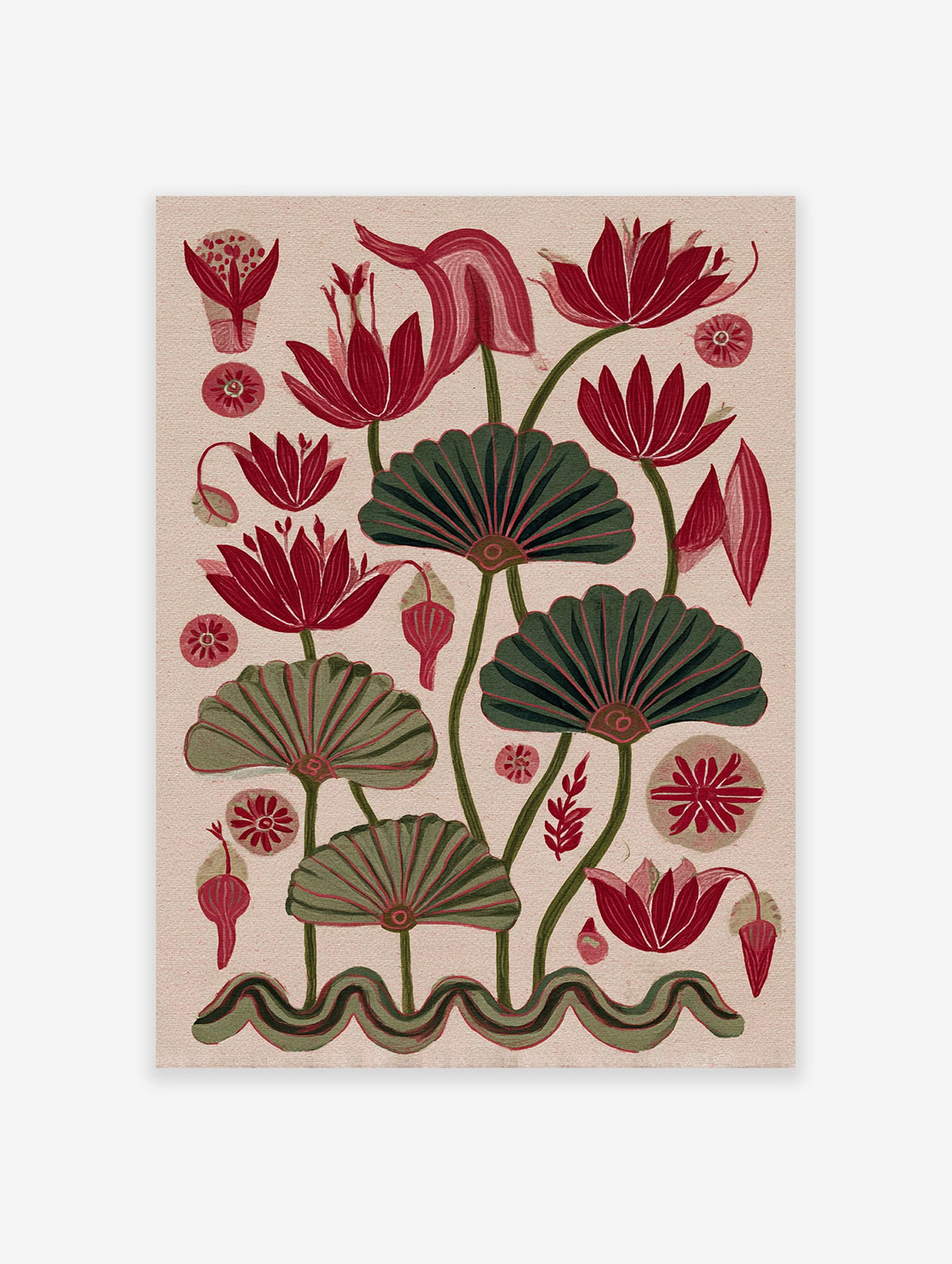 Red and green botanical illustration art print with stylized lotus flowers and fan-like leaves on a light beige background