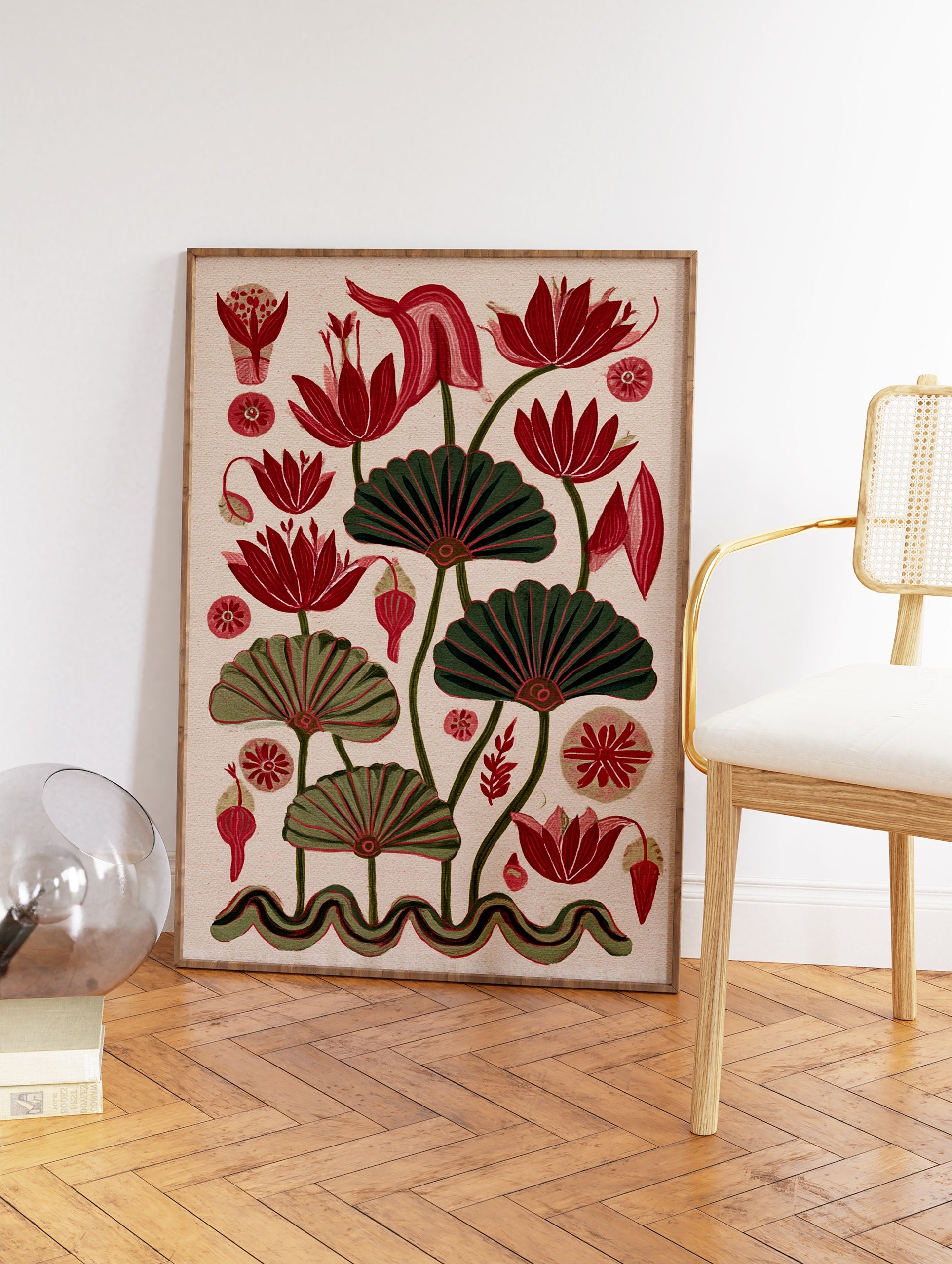 Red and green botanical illustration art print with stylized lotus flowers and fan-like leaves on a light beige background - Image 2
