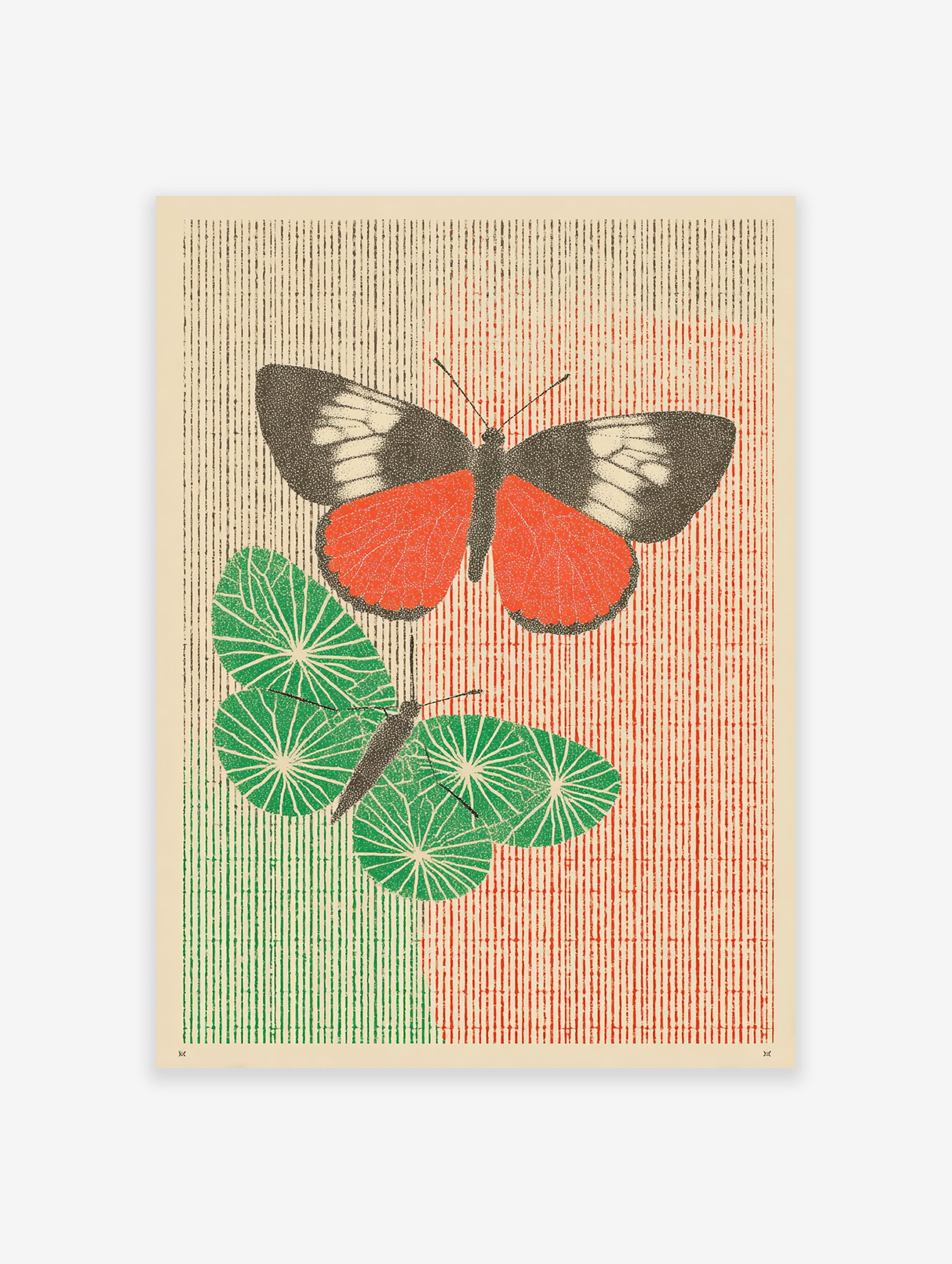 Red and green butterfly poster with two stylized insects on a textured striped background, one red, one green.